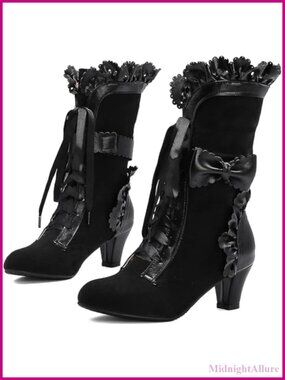 Faux Suede Mid-Calf Lace Up Boots Sweet Bow Victorian Kawaii Mid Heel